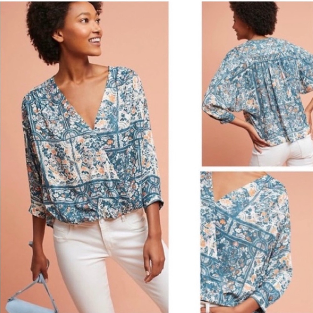 Anthropologie Maeve Gianna Teal Patterned High-Low Dolman Sleeve Blouse Medium M